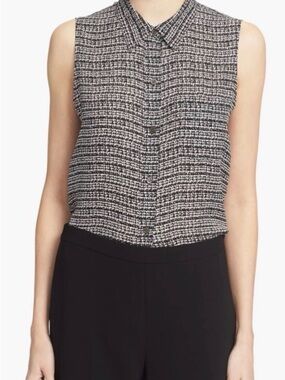 Theory "Yarine TS" Tweed Print Sleeveless Silk Blouse Sz L business casual wear